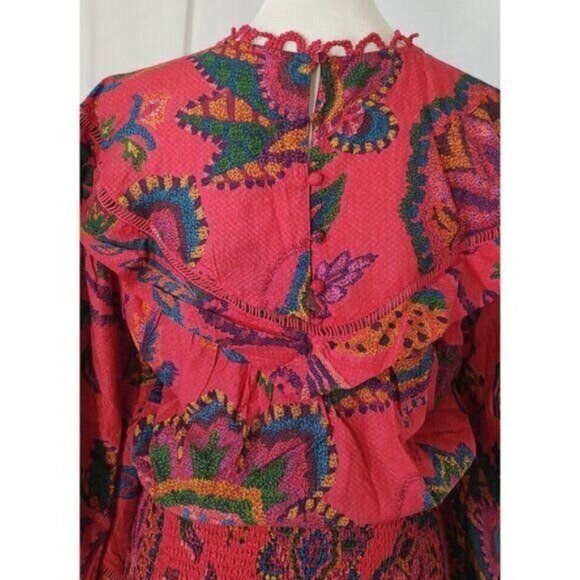 FARM Rio Mini Dress M  Tapestry Tropical Smocked Ruffle…Blush Pink Sunset - Picture 12 of 16